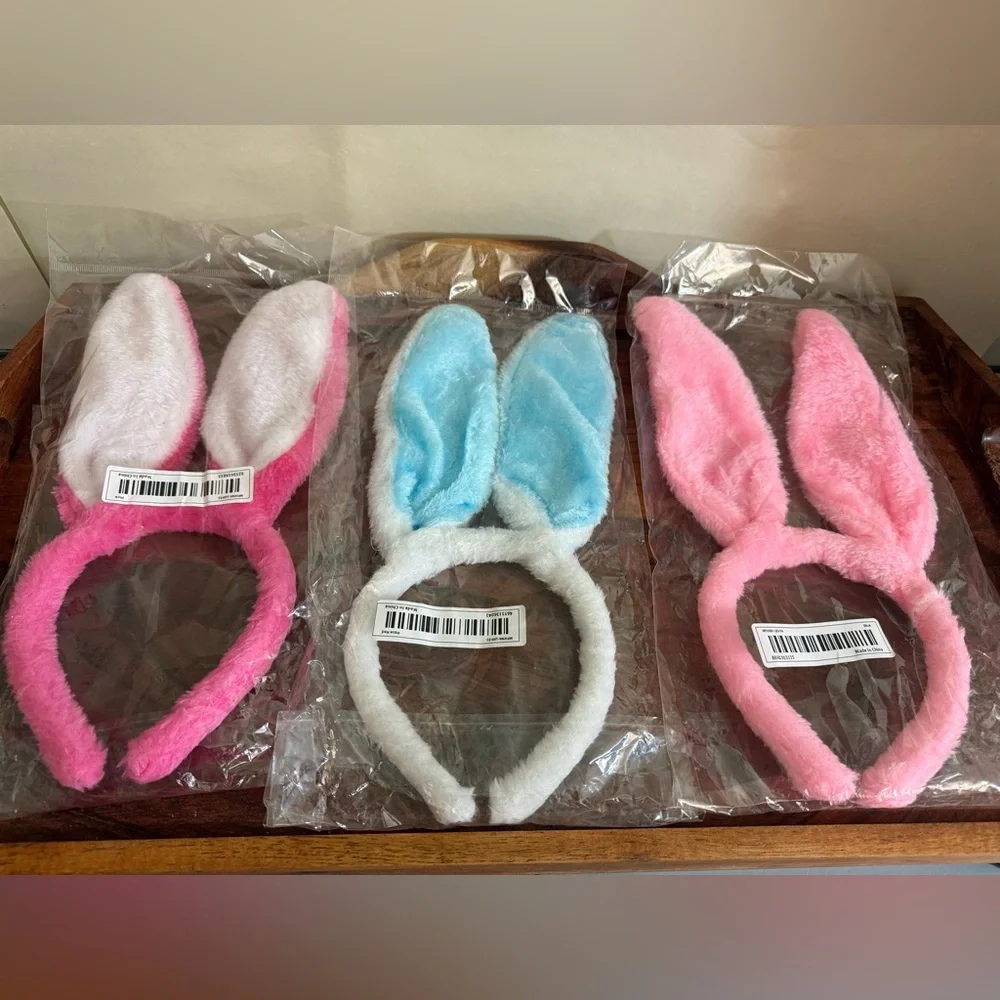 Set of Three Furry Bunny Ear Headbands Pink Blue Rabbit Ear Headbands Easter
